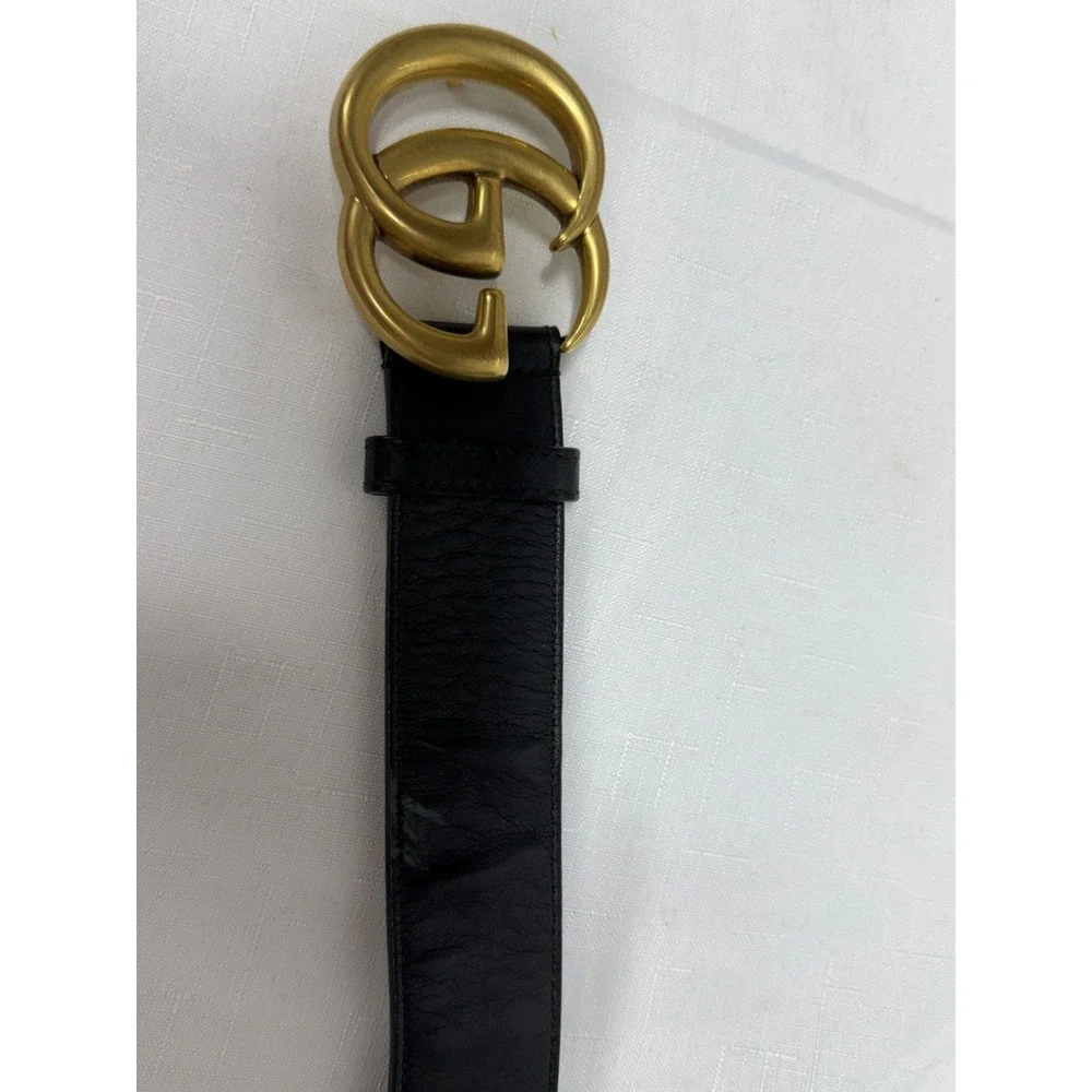 Vintage Gucci GG Marmont Leather Belt Unisex Size 32 Antiqued Gold Buckle w/ COA